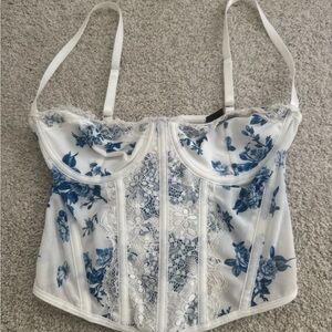 SHEIN White and Blue Floral Corset Lace Tank Top